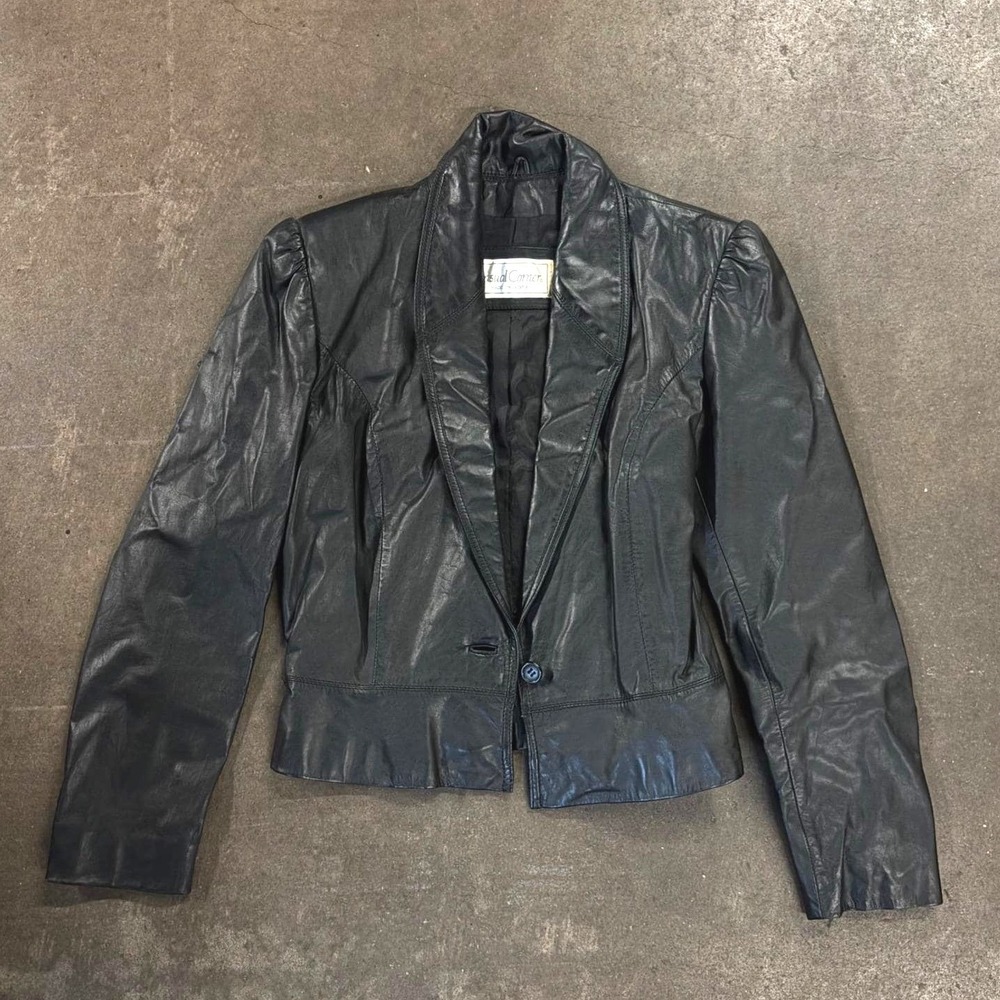 Vintage 90s Casual Corner Genuine Leather Cropped Blazer Jacket Black Womens S